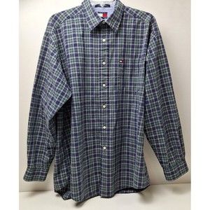 Vtg. '90s Tommy Hilfiger Flag Button Up Shirt Green/Navy Blue Plaid Men’s L